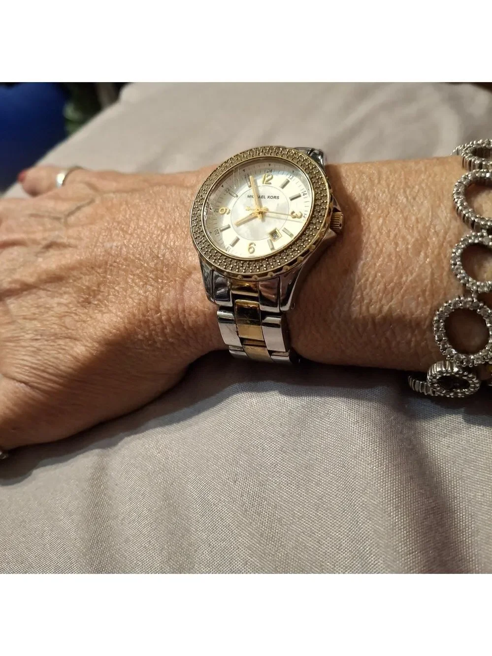 Michael Kors Gold and Silver Double Row of CZ Women's Watch Works Great Has Date